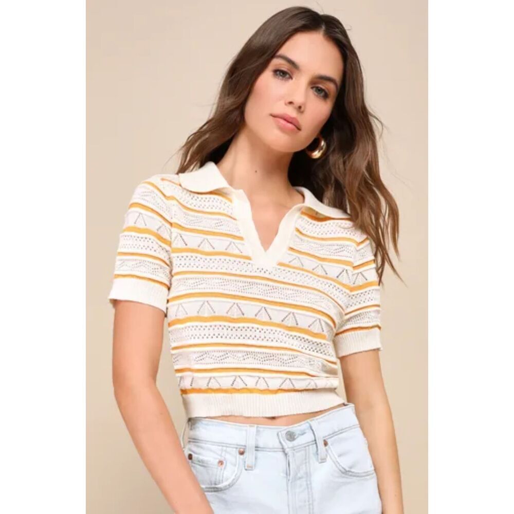 Lulu's Yellow and Cream Crochet Open Knit Polo Crop Top